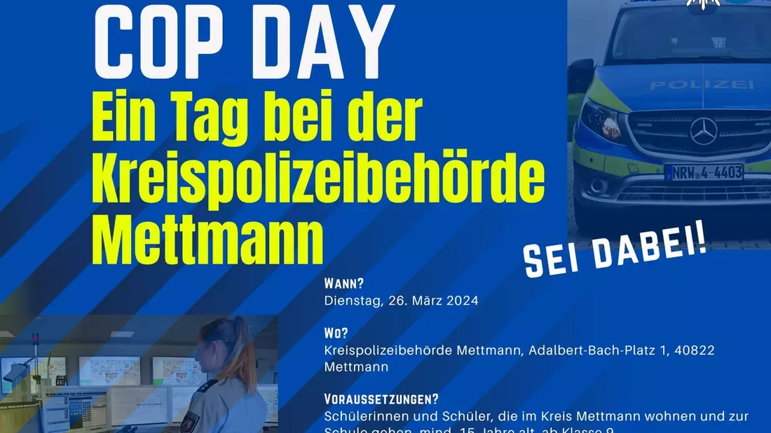 POL-ME: Cop-Day und Info-Runde: Sie möchten bei der Polizei durchstarten? Jetzt informieren! - Kreis Mettmann - 2402062 - Bild: presseportal.de