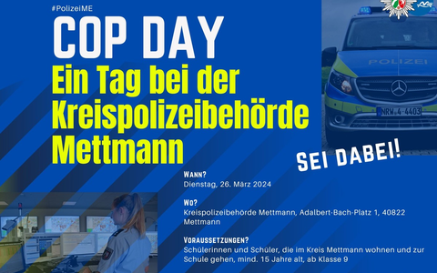 POL-ME: Cop-Day und Info-Runde: Sie möchten bei der Polizei durchstarten? Jetzt informieren! - Kreis Mettmann - 2402062 - Foto: presseportal.de