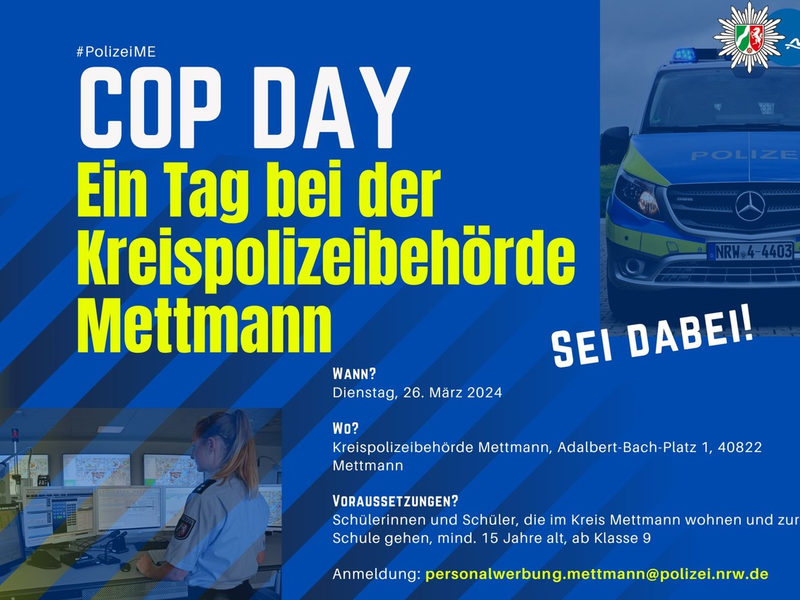 POL-ME: Cop-Day und Info-Runde: Sie möchten bei der Polizei durchstarten? Jetzt informieren! - Kreis Mettmann - 2402062 - Foto: presseportal.de