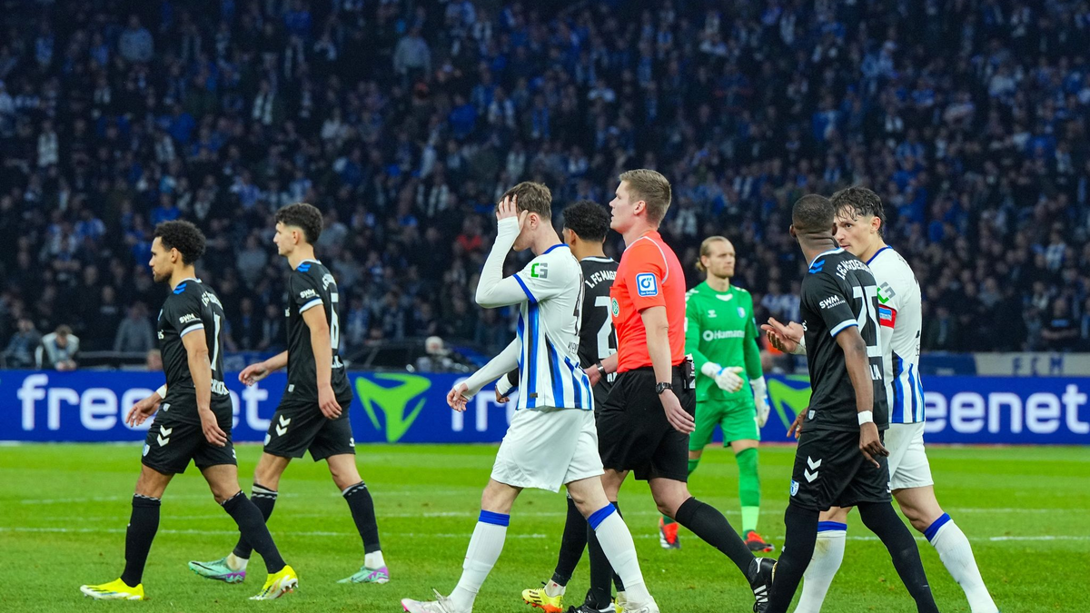 Schiedsrichter Florian Exner verlässt mit den Spielern beider Mannschaften das Spielfeld. - Foto: Soeren Stache/dpa