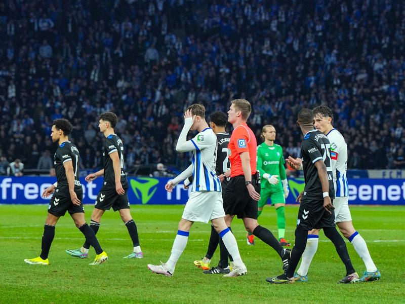 Schiedsrichter Florian Exner verlässt mit den Spielern beider Mannschaften das Spielfeld. - Foto: Soeren Stache/dpa