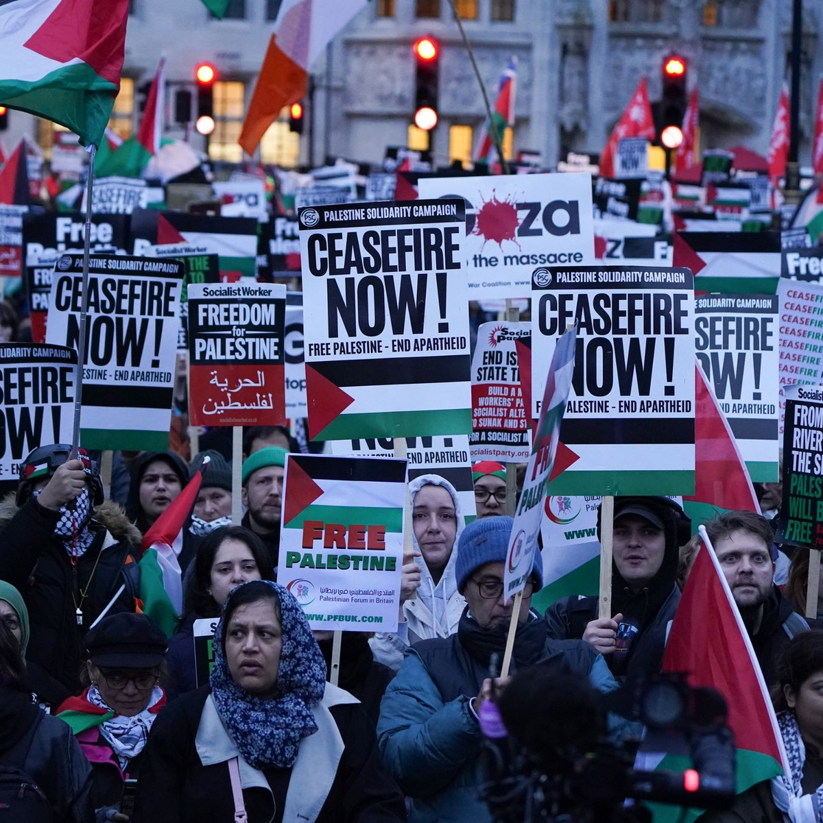 Auf einer pro-palästinensischen Demonstration in London wird ein Waffenstillstand im Gazastreifen gefordert. - Foto: Lucy North/PA Wire/dpa