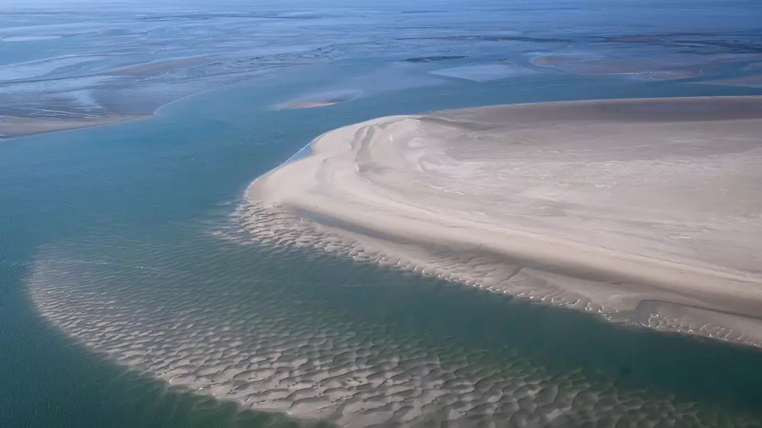 Die Sandbänke zwischen den ostfriesischen Inseln aus der Luft. Der Klimawandel hat Folgen für das Ökosystem im Wattenmeer. - Bild: Sina Schuldt/dpa