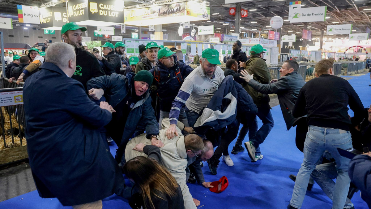 Landwirte raufen mit dem Sicherheitspersonal auf der Internationalen Landwirtschaftsmesse, während der französische Präsident Macron die Ausstellung am Eröffnungstag besucht. - Foto: Ludovic Marin/AFP Pool/AP/dpa