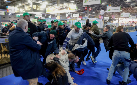 Landwirte raufen mit dem Sicherheitspersonal auf der Internationalen Landwirtschaftsmesse, während der französische Präsident Macron die Ausstellung am Eröffnungstag besucht. - Foto: Ludovic Marin/AFP Pool/AP/dpa