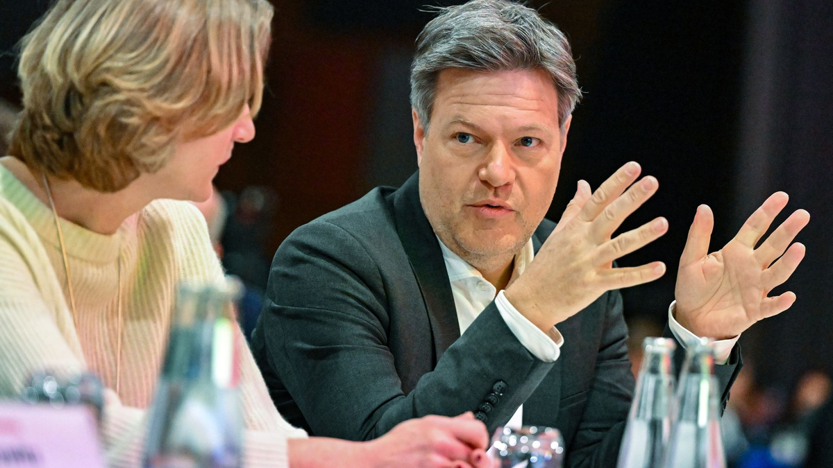 Bundeswirtschaftsminister Robert Habeck (Grüne) unterhält sich mit Kerstin Andreae, Hauptgeschäftsführerin des Bundesverbandes der Energie- und Wasserwirtschaft e. V. (BDEW). - Foto: Patrick Pleul/dpa