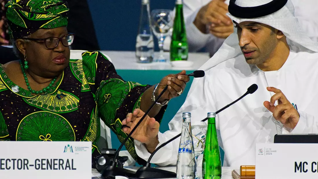Der emiratische Staatsminister für Außenhandel, Thani bin Ahmed al-Zeyoudi, sitzt neben der Generaldirektorin der Welthandelsorganisation, Ngozi Okonjo-Iweala, beim 13. Ministertreffen der Welthandelsorganisation. - Bild: Jon Gambrell/AP/dpa
