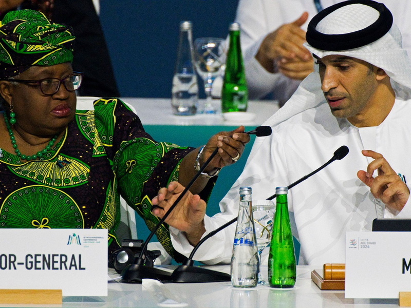 Der emiratische Staatsminister für Außenhandel, Thani bin Ahmed al-Zeyoudi, sitzt neben der Generaldirektorin der Welthandelsorganisation, Ngozi Okonjo-Iweala, beim 13. Ministertreffen der Welthandelsorganisation. - Foto: Jon Gambrell/AP/dpa