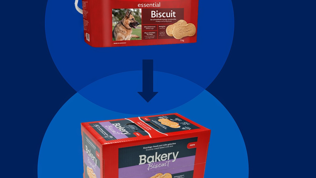Jährlich 25 Tonnen Kunststoff und 40 Prozent der Logistikkosten eingespart: Mera ersetzt Kunststoffeimer für Hundekekse durch Faltkarton - Foto: presseportal.de