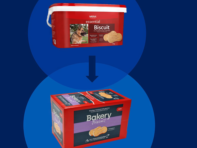 Jährlich 25 Tonnen Kunststoff und 40 Prozent der Logistikkosten eingespart: Mera ersetzt Kunststoffeimer für Hundekekse durch Faltkarton - Foto: presseportal.de