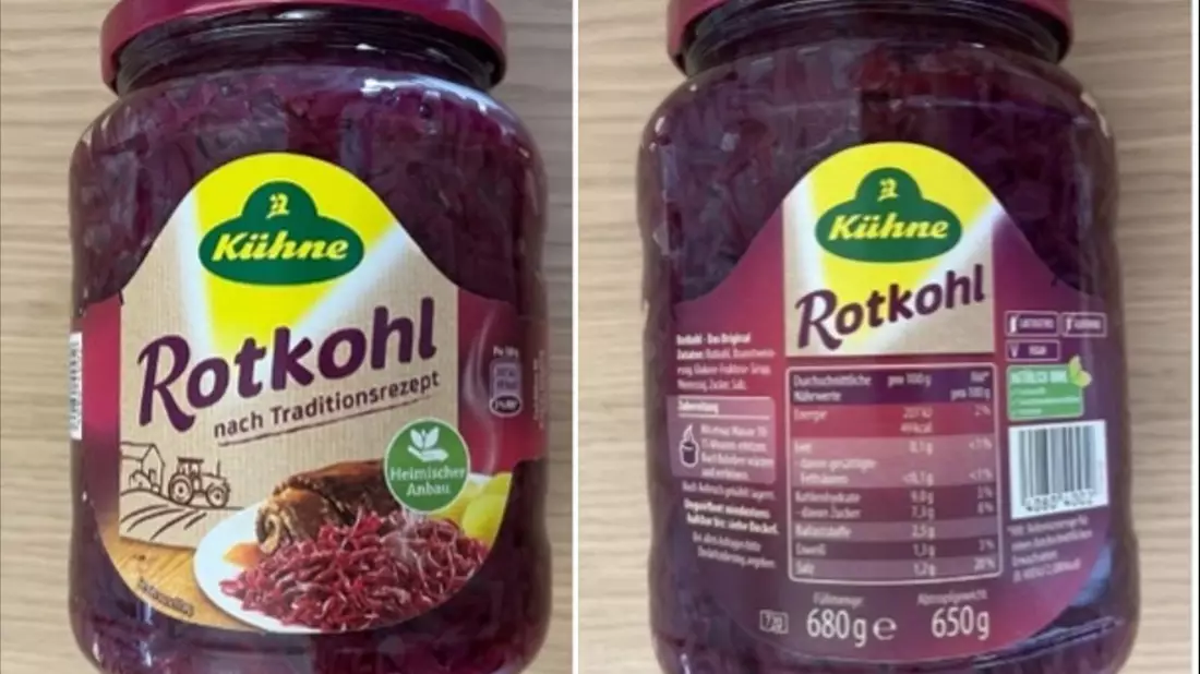 Produktrückruf Kühne Rotkohl nach Traditionsrezept 720 ml im Glas: Gefahr durch Fremdkörper im Produkt - Bild: presseportal.de