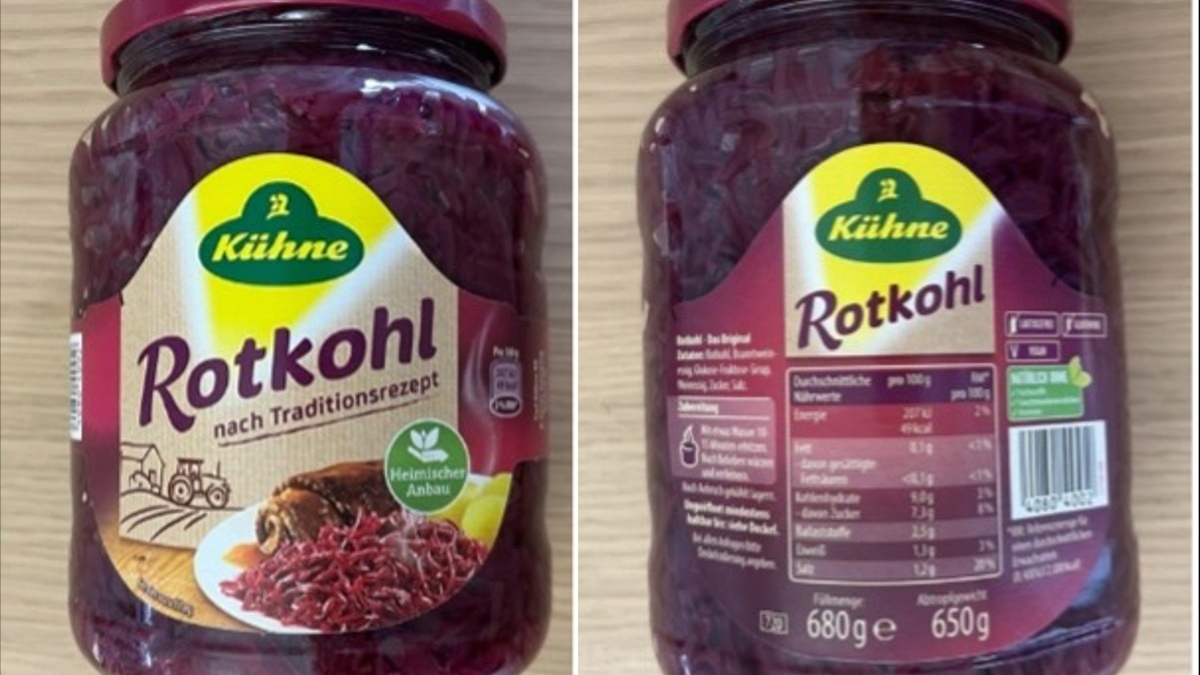 Produktrückruf Kühne Rotkohl nach Traditionsrezept 720 ml im Glas: Gefahr durch Fremdkörper im Produkt - Foto: presseportal.de
