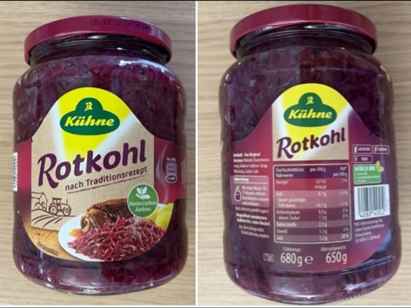 Produktrückruf Kühne Rotkohl nach Traditionsrezept 720 ml im Glas: Gefahr durch Fremdkörper im Produkt - Foto: presseportal.de