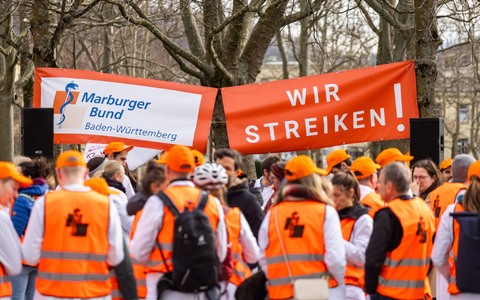 Ärztinnen und Ärzte bei einem Warnstreik Ende Januar in Freiburg. - Foto: Philipp von Ditfurth/dpa