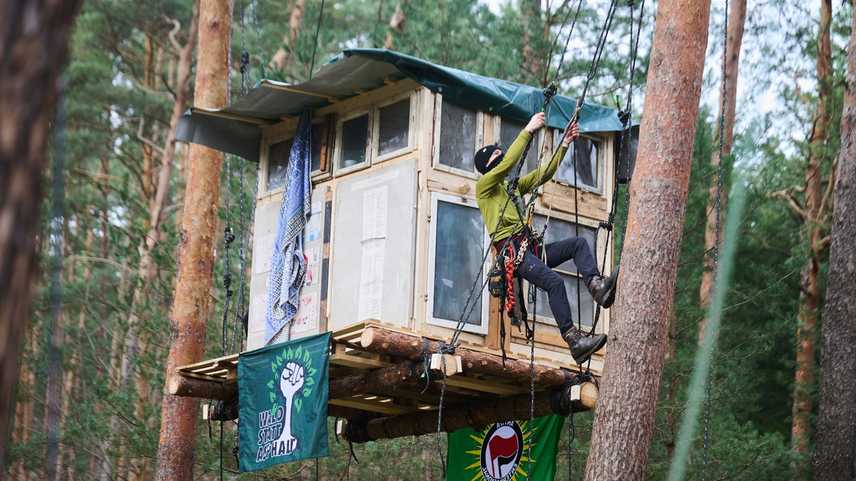 Mit Baumhäusern gegen die Erweiterung der Tesla-Autofabrik. - Foto: Annette Riedl/dpa