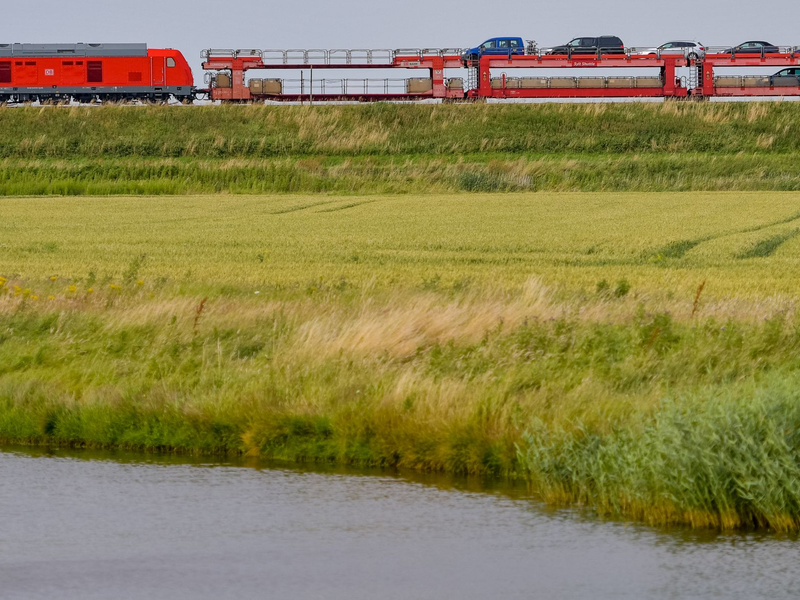 Der Sylt-Shuttle in der Nähe von Klanxbüll auf dem Weg zur Nordseeinsel. - Foto: Axel Heimken/dpa