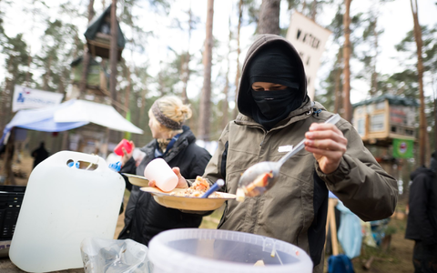 Aktivisten wollen die Rodung eines Waldstücks im Zuge einer geplanten Erweiterung des Tesla-Geländes verhindern. - Foto: Sebastian Gollnow/dpa