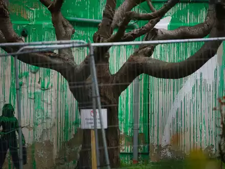 Das Banksy-Kunstwerk wurde mit weißer Farbe verunstaltet, nachdem es am Wochenende in Finsbury Park (London) auftauchte. - Foto: Victoria Jones/PA Wire/dpa