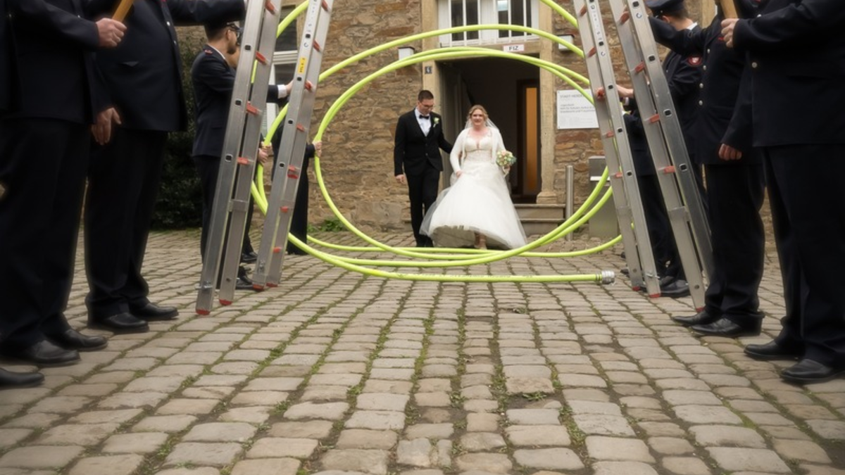 FW-EN: Manja heiratet ihren Tim - Feuerwehr Herdecke stand vor dem Standesamt Spalier - Foto: presseportal.de