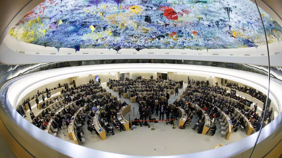 Eine Sitzung des Menschenrechtsrats am europäischen Hauptsitz der Vereinten Nationen in Genf. - Bild: Salvatore Di Nolfi/Keystone/dpa