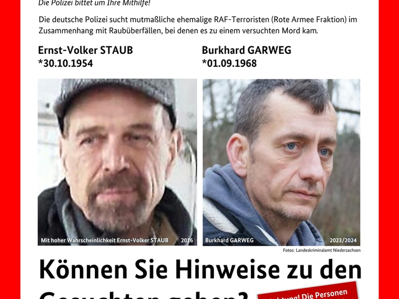 LKA-NI: Fahndung nach Ernst-Volker Staub und Burkhard Garweg: Neue Fahndungsplakate und Hinweise - Foto: presseportal.de