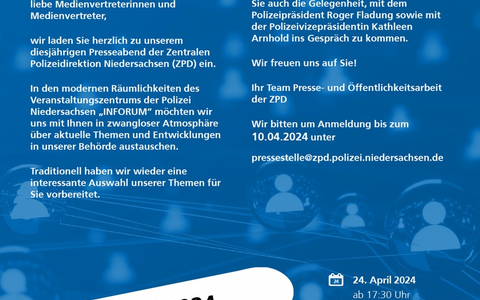 ZPD-H: Einladung zum Presseabend der Zentralen Polizeidirektion Niedersachsen am 24.04.2024(für Film- und Fernsehraufnahmen geeignet) - Foto: presseportal.de