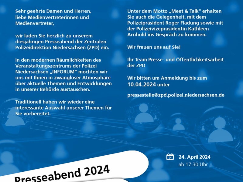 ZPD-H: Einladung zum Presseabend der Zentralen Polizeidirektion Niedersachsen am 24.04.2024(für Film- und Fernsehraufnahmen geeignet) - Foto: presseportal.de