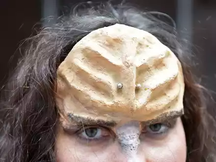 Ein Fan mit Klingonen-Stirn - «Ich hätte nie gedacht, dass mal so viele Menschen Klingonisch lernen», sagte dessen Entwickler, der US-amerikanische Sprachwissenschaftler Marc Okrand über den Zuspruch zu seiner Sprache. - Foto: Caroline Seidel/dpa