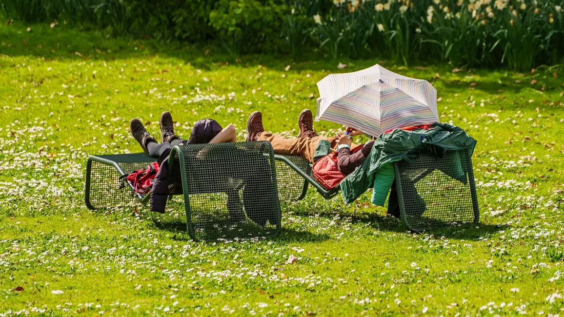Besucher des Palmengartens in Frankfurt am Main genießen das milde Wetter. - Bild: Andreas Arnold/dpa