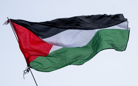 Die Flagge von Palästina wird bei einer propalästinensischen Kundgebung geschwenkt. 
Bei derartigen Kundgebungen kam es vor allem in den ersten Wochen nach dem Massaker immer wieder zu Zusammenstößen mit der Polizei. - Foto: Monika Skolimowska/dpa