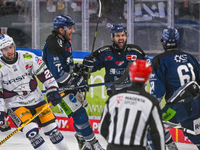 Die Straubing Tigers (blaue Trikots) holten in der Serie gegen die Eisbären den ersten Sieg. - Foto: Armin Weigel/dpa