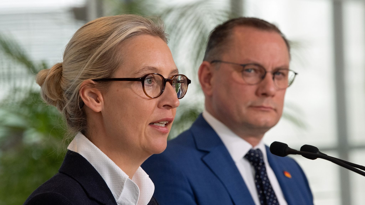 Die AfD-Chefs Alice Weidel (l) und Tino Chrupalla. - Foto: Jonathan Penschek/dpa