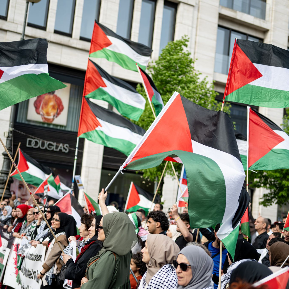Demonstration nach der Auflösung der «Palästina Konferenz» in Berlin-Mitte. Die Berliner Polizei hat den umstrittenen Kongress, der eigentlich bis Sonntag dauern sollte, am Freitag aufgelöst. - Foto: Fabian Sommer/dpa