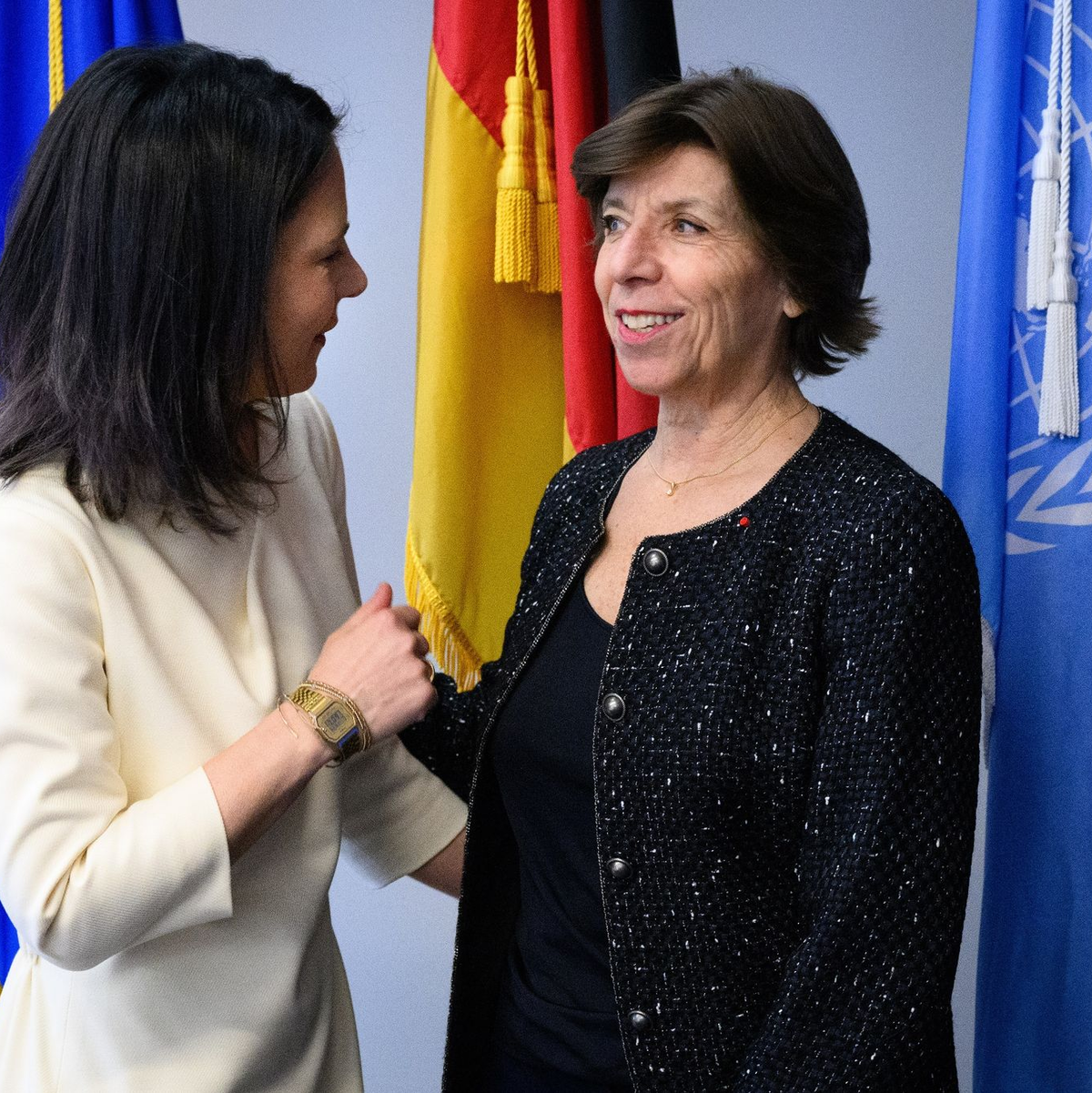 Bundesaußenministerin Annalena Baerbock im Gespräch mit der ehemaligen französischen Außenministerin Catherine Colonna (r), die mit der Prüfung der UNRWA beauftragt worden war (Archivbild). - Foto: Bernd von Jutrczenka/dpa