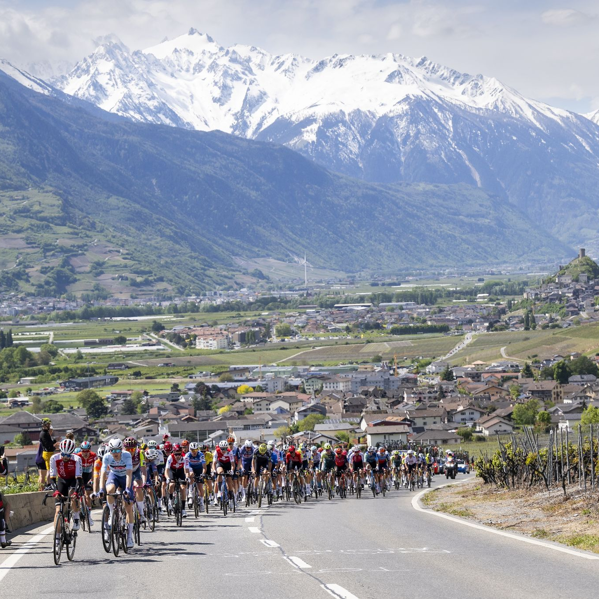 Das Fahrerfeld auf der vierten Etappe der Tour de Romandie. - Foto: Jean-Christophe Bott/KEYSTONE/dpa