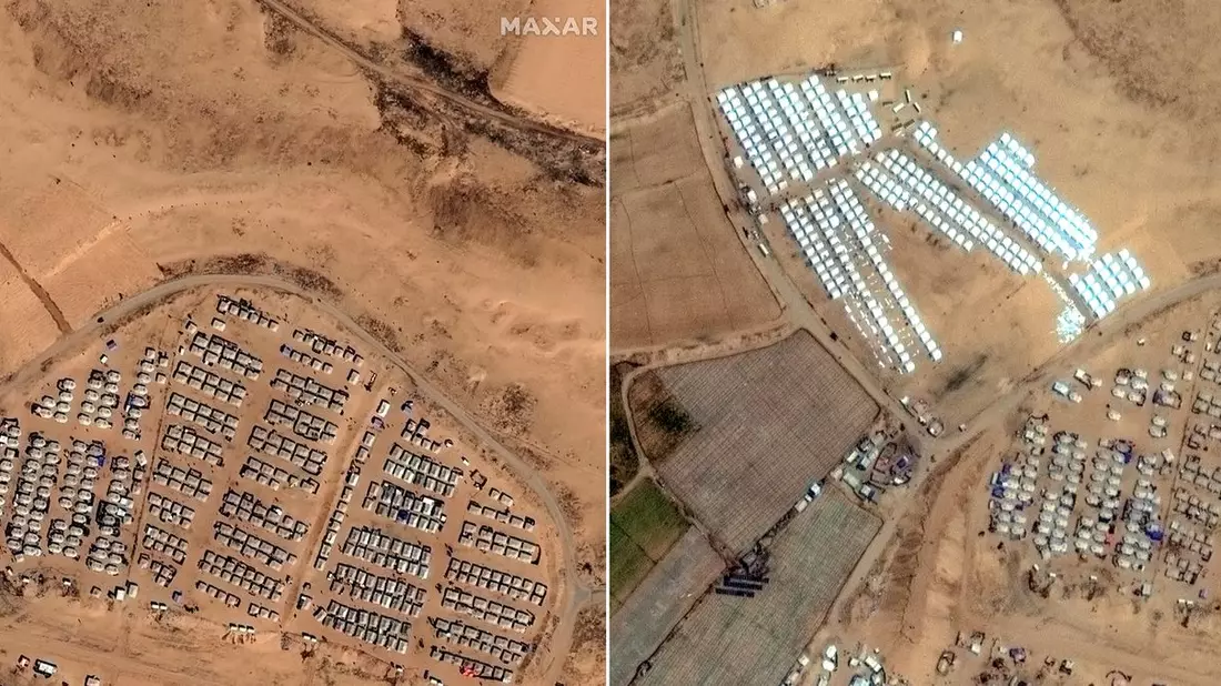 In der Nähe von Rafah sollen Zeltorte für die Schutzsuchenende entstehen. Israel hat nun mit der Evakuierung der Stadt begonnen. - Bild: Satellite image/Maxar Technologies via AP/dpa