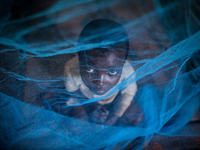 Ein Flüchtlingskind aus Burundi sitzt in Gashora, Ruanda, unter einem Moskitonetz: Der Malaria-Erreger wird durch Anopheles-Stechmücken übertragen. - Foto: Dai Kurokawa/EPA/dpa