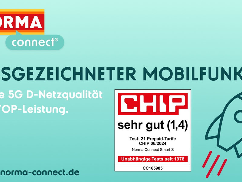 Testmagazin CHIP zeichnet NORMA Connect Tarif Smart S mit sehr gut aus / Mehr fürs Geld gibt's auch auf dem Smartphone - Foto: presseportal.de