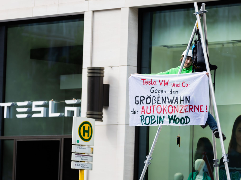 Hintergrund des Protests ist die geplante Erweiterung des Tesla-Werks. - Foto: Christoph Soeder/dpa