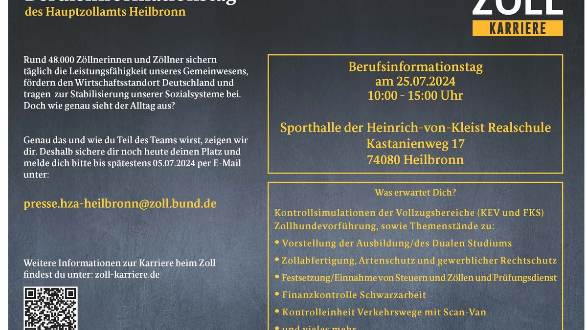 HZA-HN: Zoll Schnuppertag am 25. Juli 2024/Veranstaltung für ausbildungs- und studieninteressierte Jugendliche oder 
