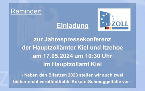 HZA-KI: Einladung des Zolls in Schleswig-Holstein zur Jahrespressekonferenz / Die Hauptzollämter Kiel und Itzehoe stellen ihre Bilanzzahlen aus 2023 und zusätzlich zwei Kokain-Schmuggelfälle vor - Foto: presseportal.de