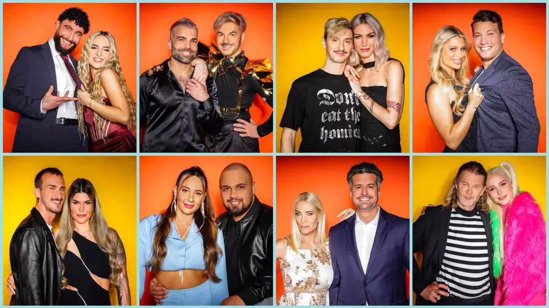 Diese Paare sind 2024 in der RTL-Show «Das Sommerhaus der Stars - Kampf der Promipaare» dabei: oben v.l. Influencer Umut Tekin und Emma Fernlund, Rafi Rachek und Reality-Icon Sam Dylan, Model und Influencerin Tessa Bergmeier und Freund Jakob, Vanessa Schmitt und Raúl Richter - unten v.l. Reality-Personality Gloria Glumac und Freund Michael, TV-Sternchen Alessia Herren und Partner Can, Designerin Sarah Kern und Tobias Pankow, Model Theresia Fischer und Stefan Kleiser. - Bild: Stefan Gregorowius/RTL/dpa