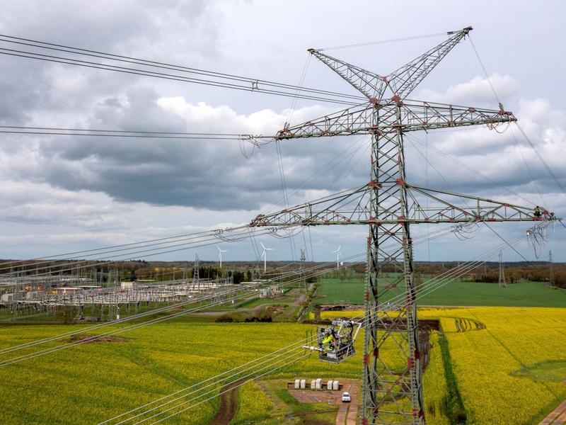 Strommasten des Netzbetreibers Tennet nahe des Umspannwerkes Conneforde. - Foto: Sina Schuldt/dpa