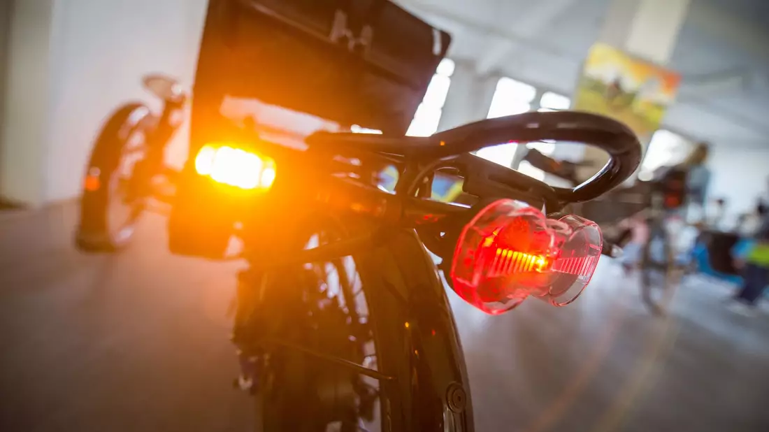 Ein Fahrradblinker an einem Liegerad. - Bild: Arne Immanuel Bänsch/dpa
