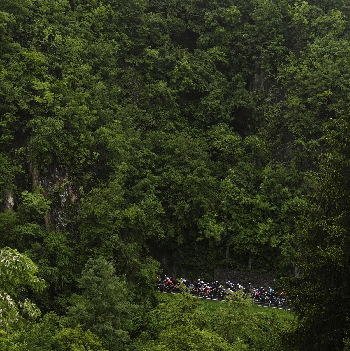 Radfahrer treten in die Pedale während der 16. Etappe des Giro d'Italia von Livigno nach Santa Cristina Val Gardena (Monte Pana). - Foto: Fabio Ferrari/LaPresse/AP