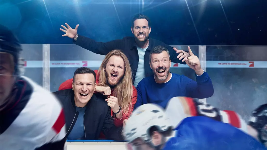 Basti Schwele Christoph Icke Dommisch Matthias Killing Rick Goldmann Eishockey-WM - Bild: Seven.One/Marc Rehbeck, presseportal.de