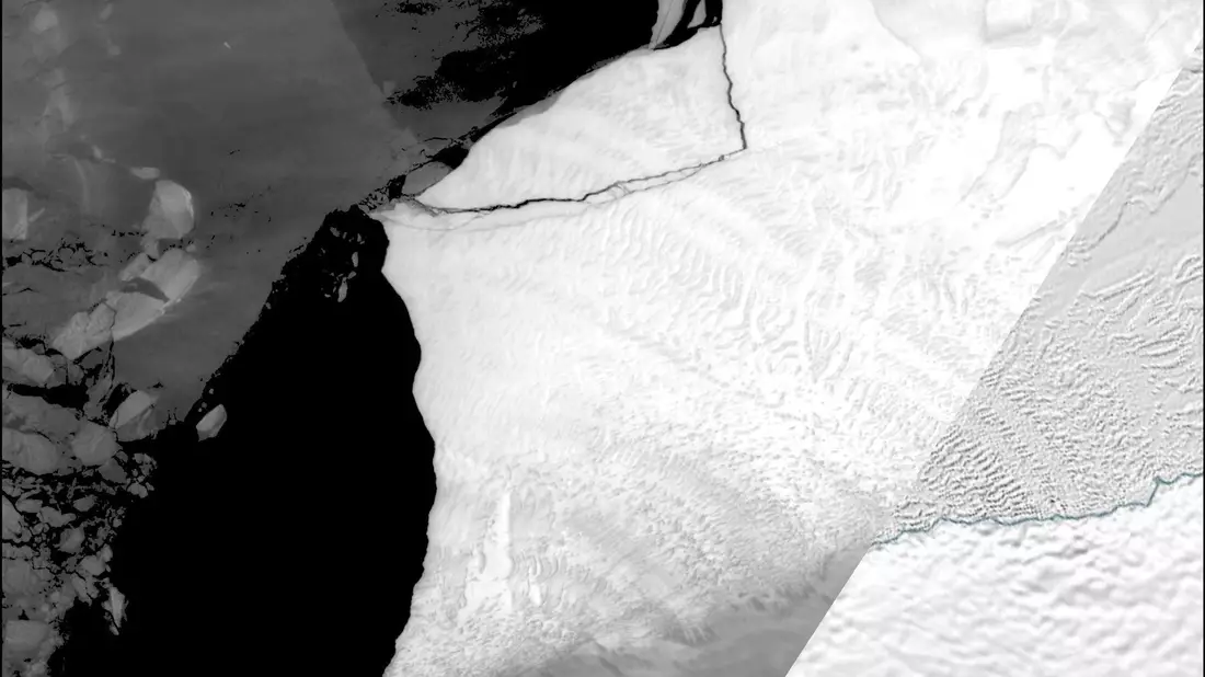 Eine von der britischen Forschungsstation British Antarctic Survey veröffentlichte Satellitenaufnahme zeigt, wie ein Eisberg vom Brunt-Eisschelf der Antarktis abbricht. - Bild: -/Britsh Antarctic Survey/dpa
