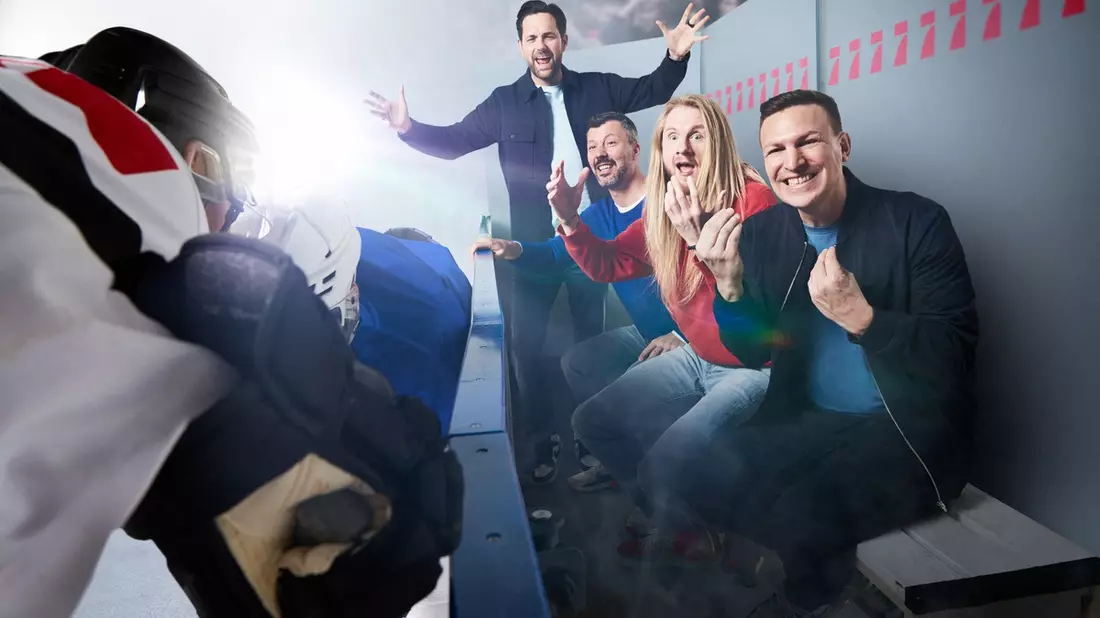 Matthias Killing Basti Schwele Christoph Icke Dommisch Rick Goldmann Eishockey-WM - Bild: Seven.One/Marc Rehbeck, presseportal.de