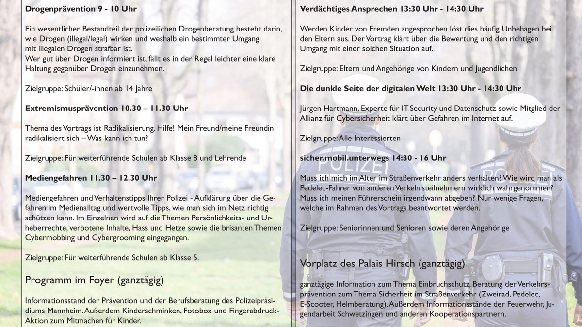 POL-MA: Schwetzingen: Besuchen Sie uns am Tag der Prävention! Vielfältige Informationsthemen, Vorträge und Mitmachprogramme für Kinder - Foto: presseportal.de