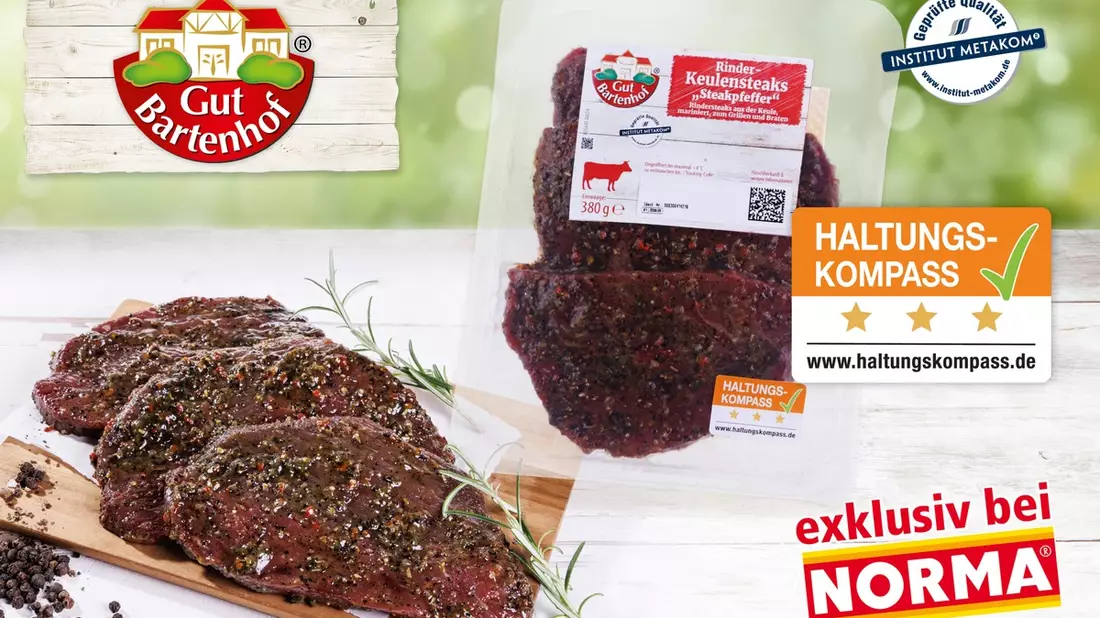 NORMA-Rindfleisch von GUT BARTENHOF mit Haltungskompass Stufe 3 für mehr Tierwohl im Discount-Sortiment / Neuer Meilenstein beim Lebensmittel-Händler - Bild: presseportal.de